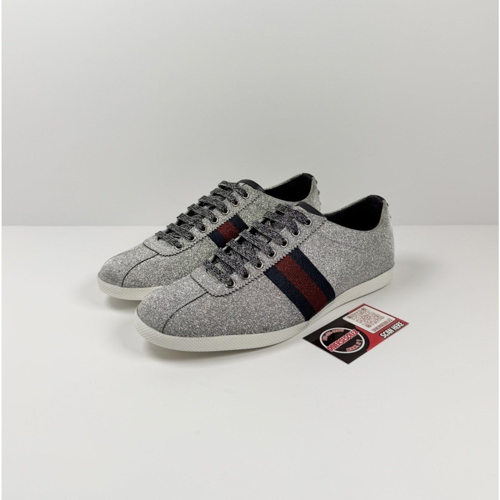 Size 8.5US - Gucci Bambi Web Silver Glitter Stud Sneakers