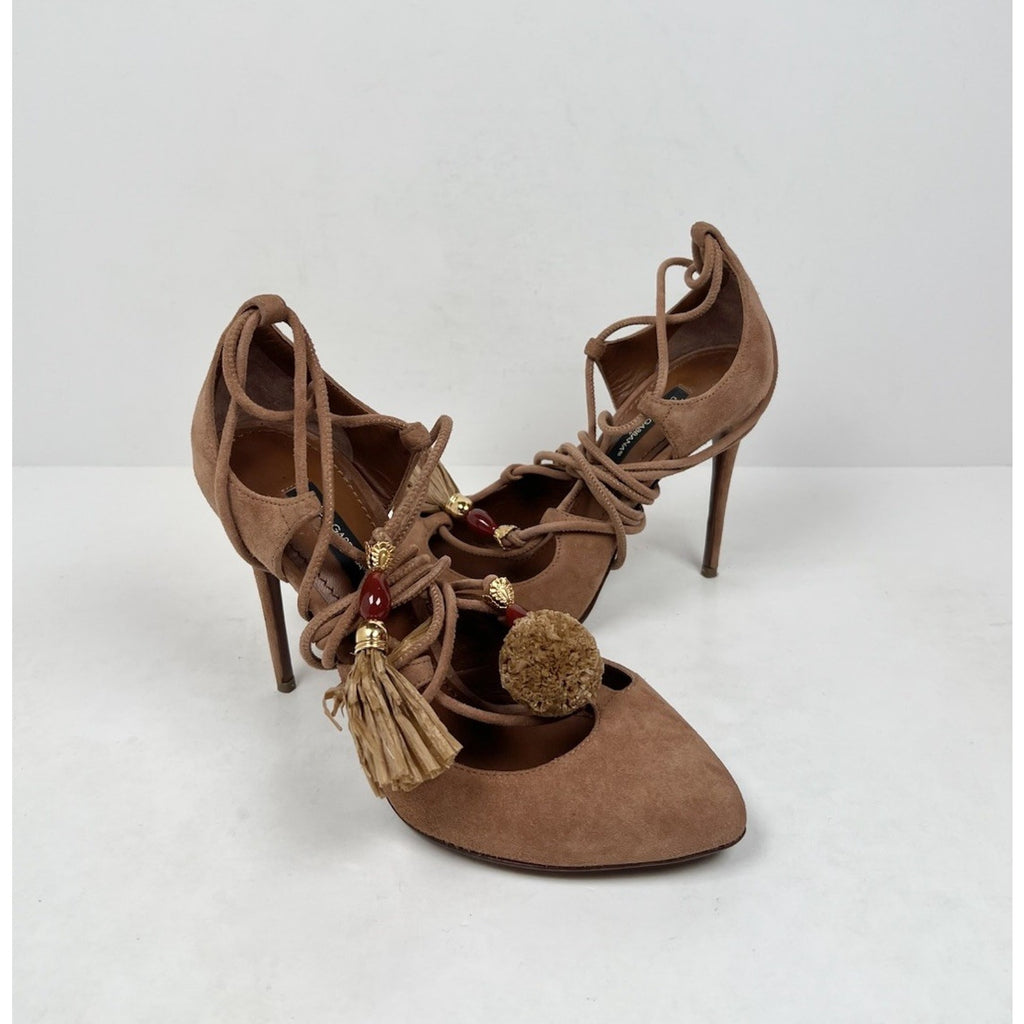 Size 5.5 - Dolce Gabbana Suede Ankle Lace Tassle Stilleto Heels