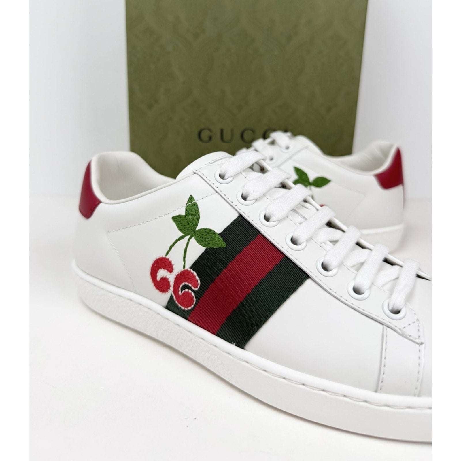 Size 4.5W - Gucci Ace Embroidered Cherry Leather NEW