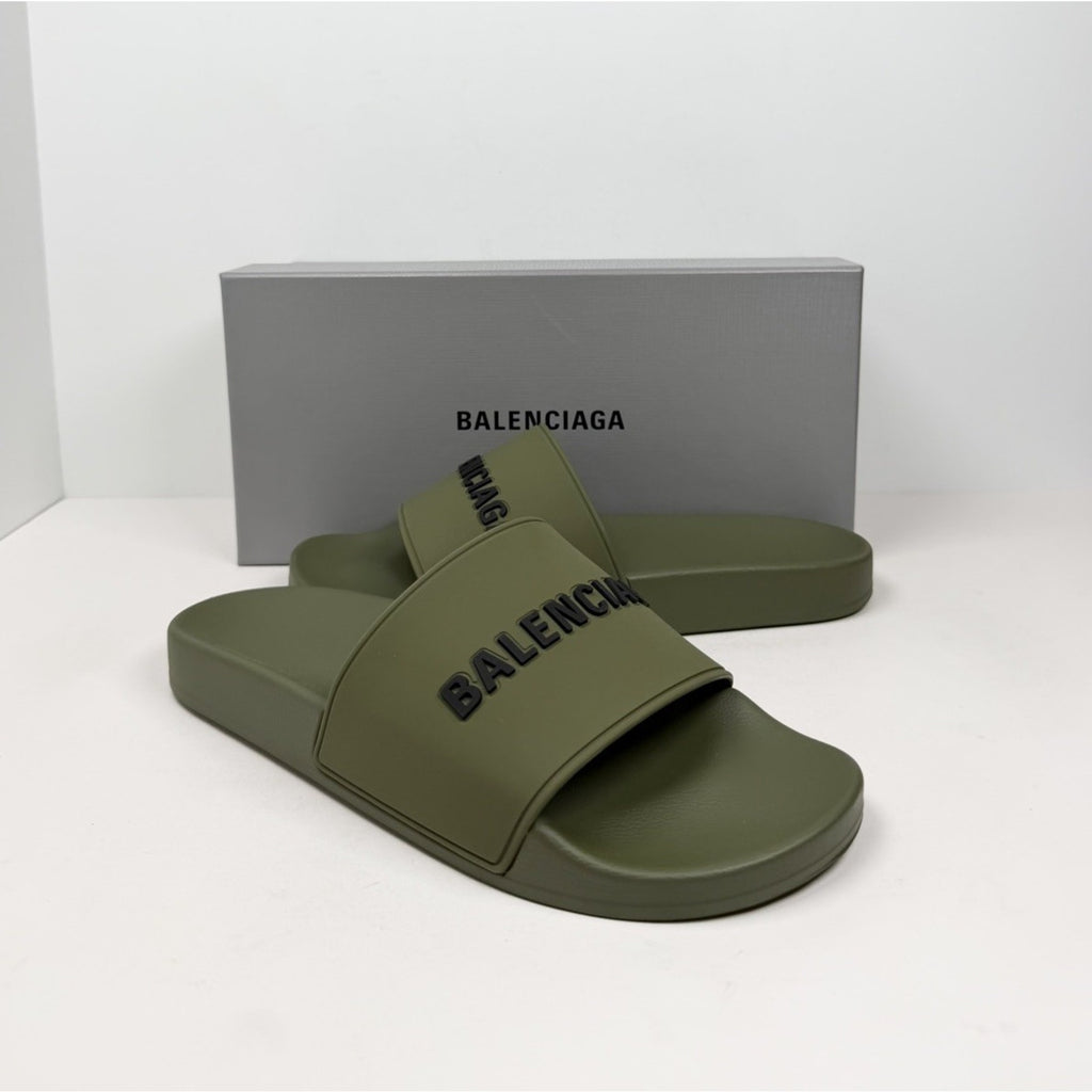 Size 41EU/8US - Balenciaga Olive Green Pool Slides NEW