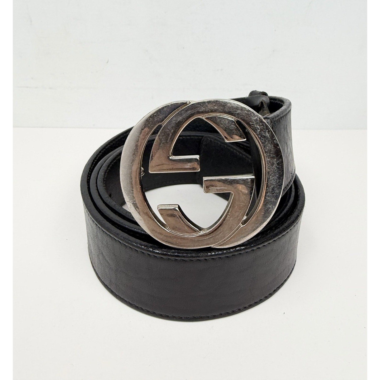 Size 100/40 - Gucci Black Silver Leather Interlocking G Buckle