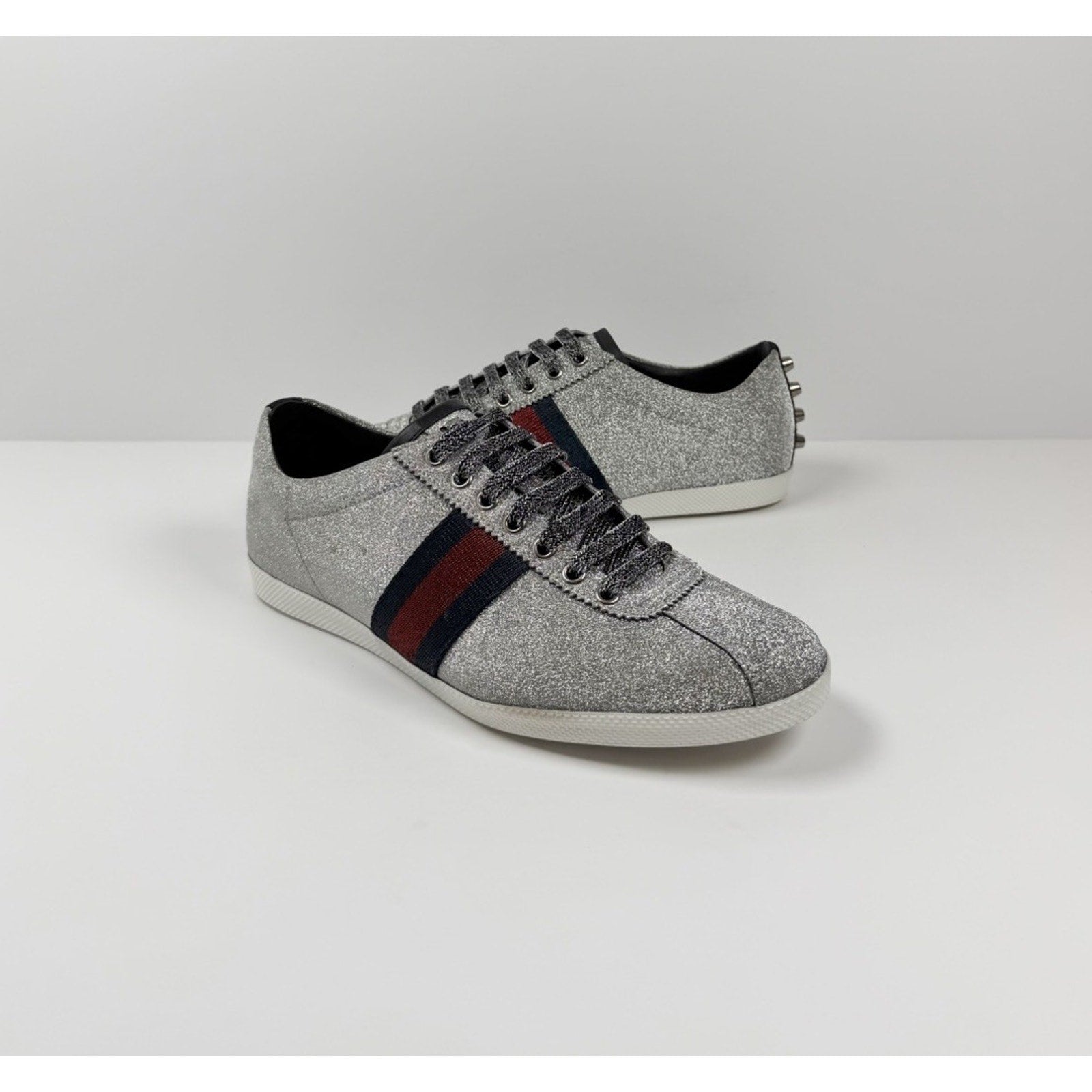 Size 8.5US - Gucci Bambi Web Silver Glitter Stud Sneakers