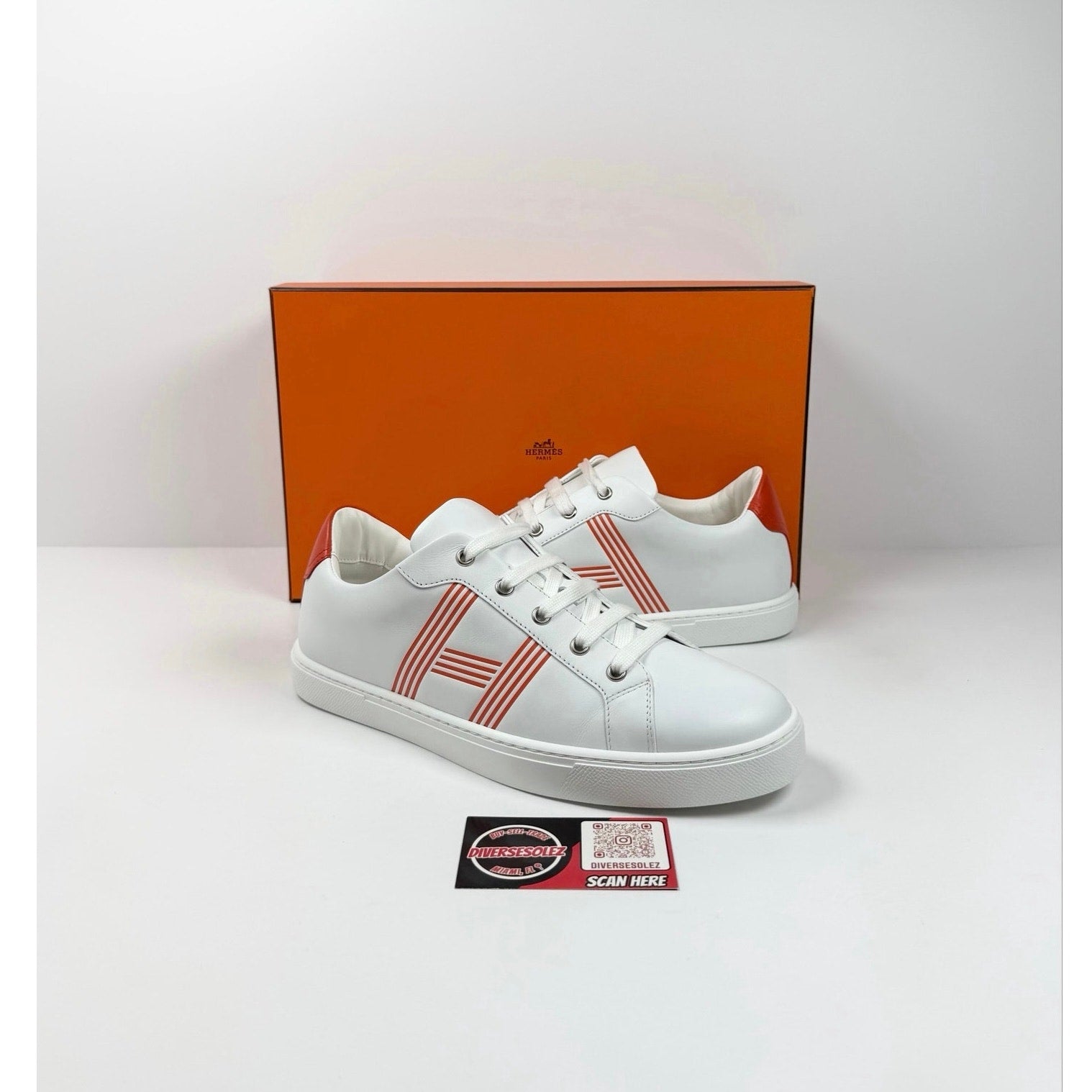 Size 8.5 - Hermes Advantage White Orange Sneakers NEW