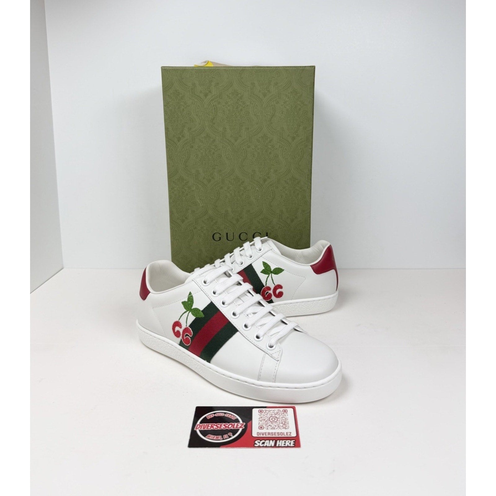 Size 4.5W - Gucci Ace Embroidered Cherry Leather NEW