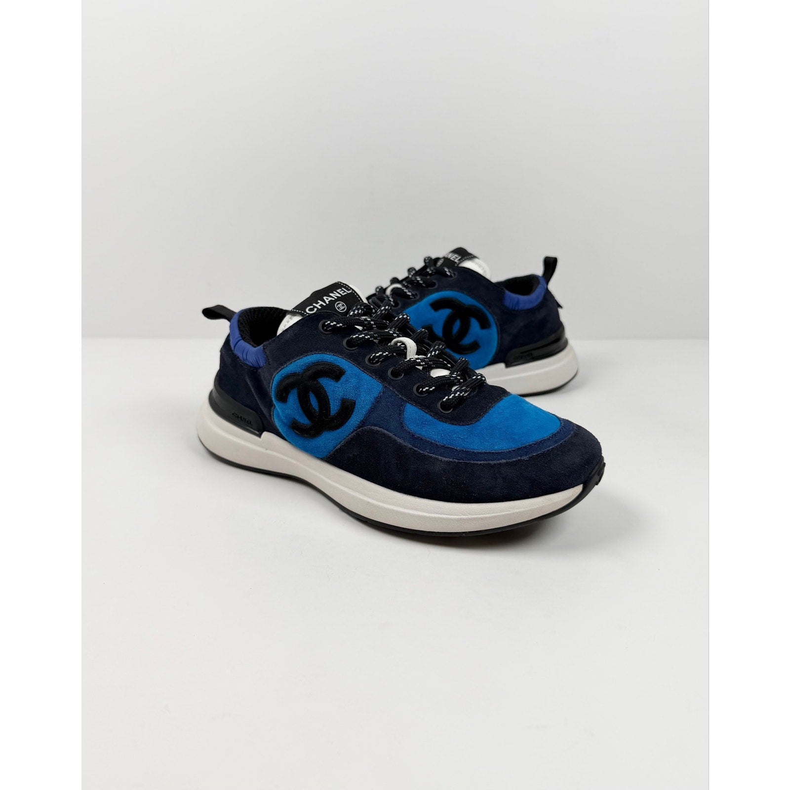 Size 7.5 Women - Chanel CC Logo Blue Suede Trainers