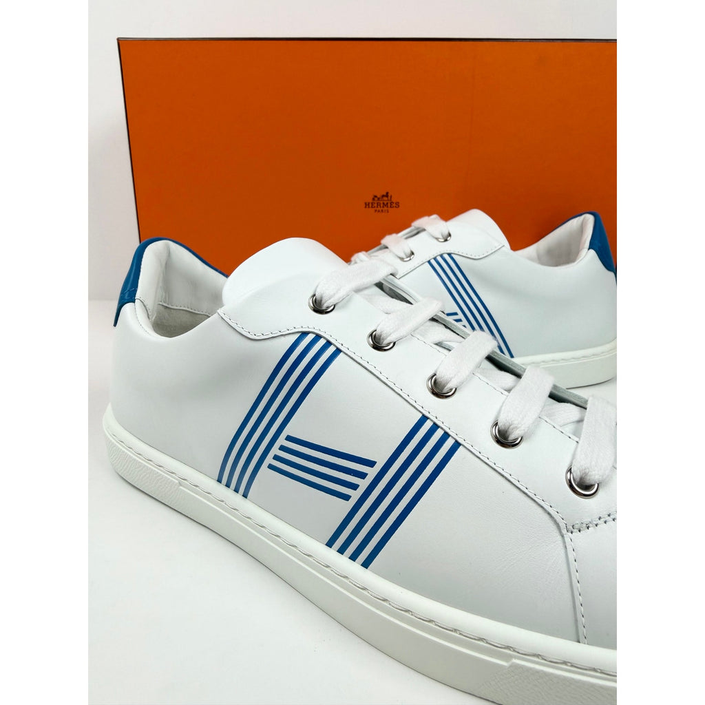 Size 8.5 - Hermes Advantage White Blue Leather Sneakers NEW