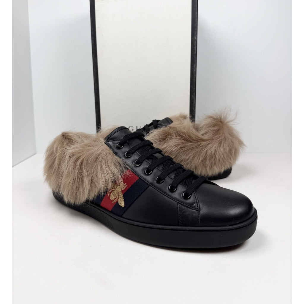 Size 11US - Gucci Ace Web Embroidered Fur/Leather NEW