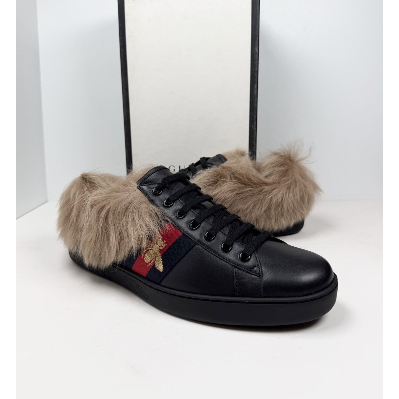 Size 11US - Gucci Ace Web Embroidered Fur/Leather NEW