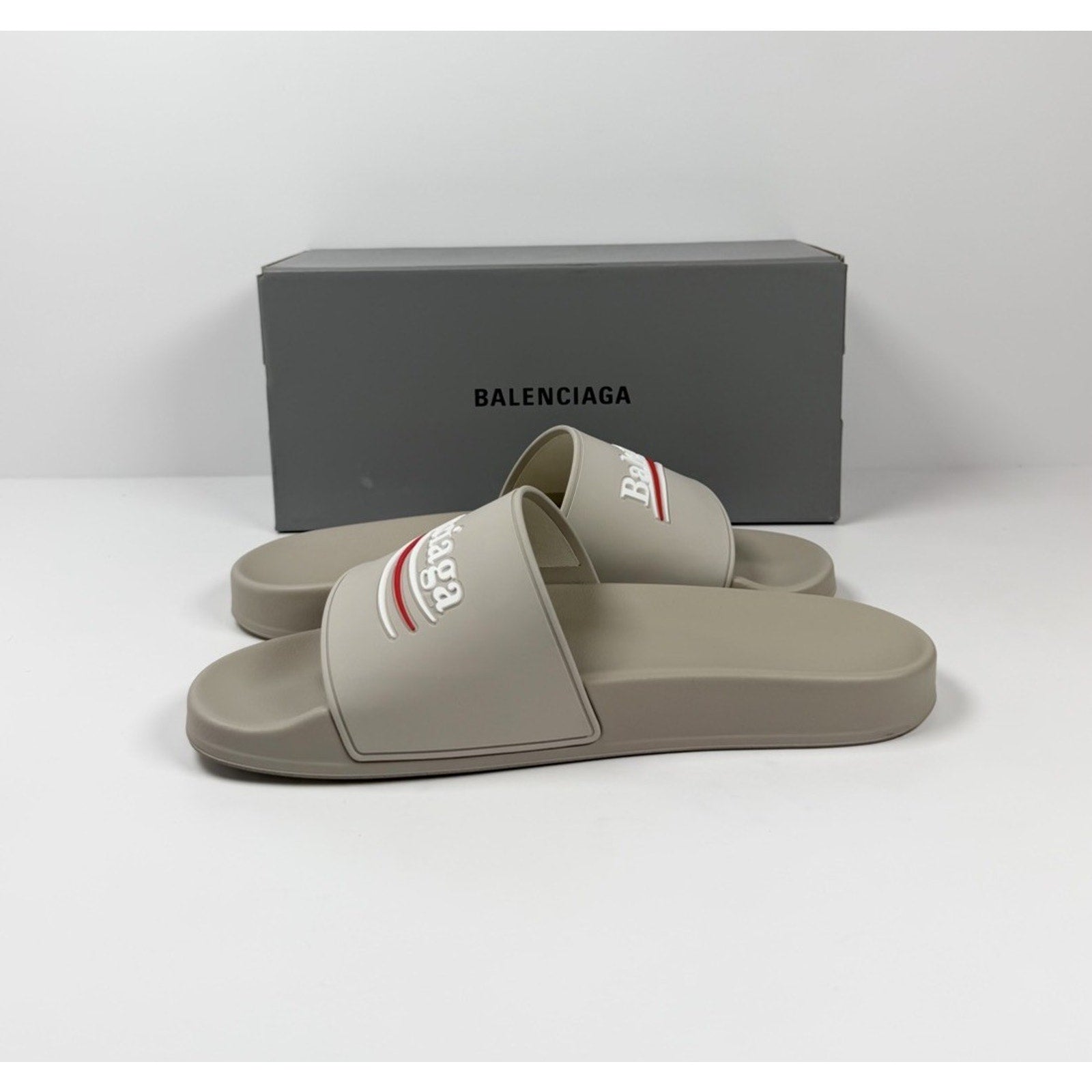 Size 8 - Balenciaga Beige Pool Campaign Logo Sandals NEW!