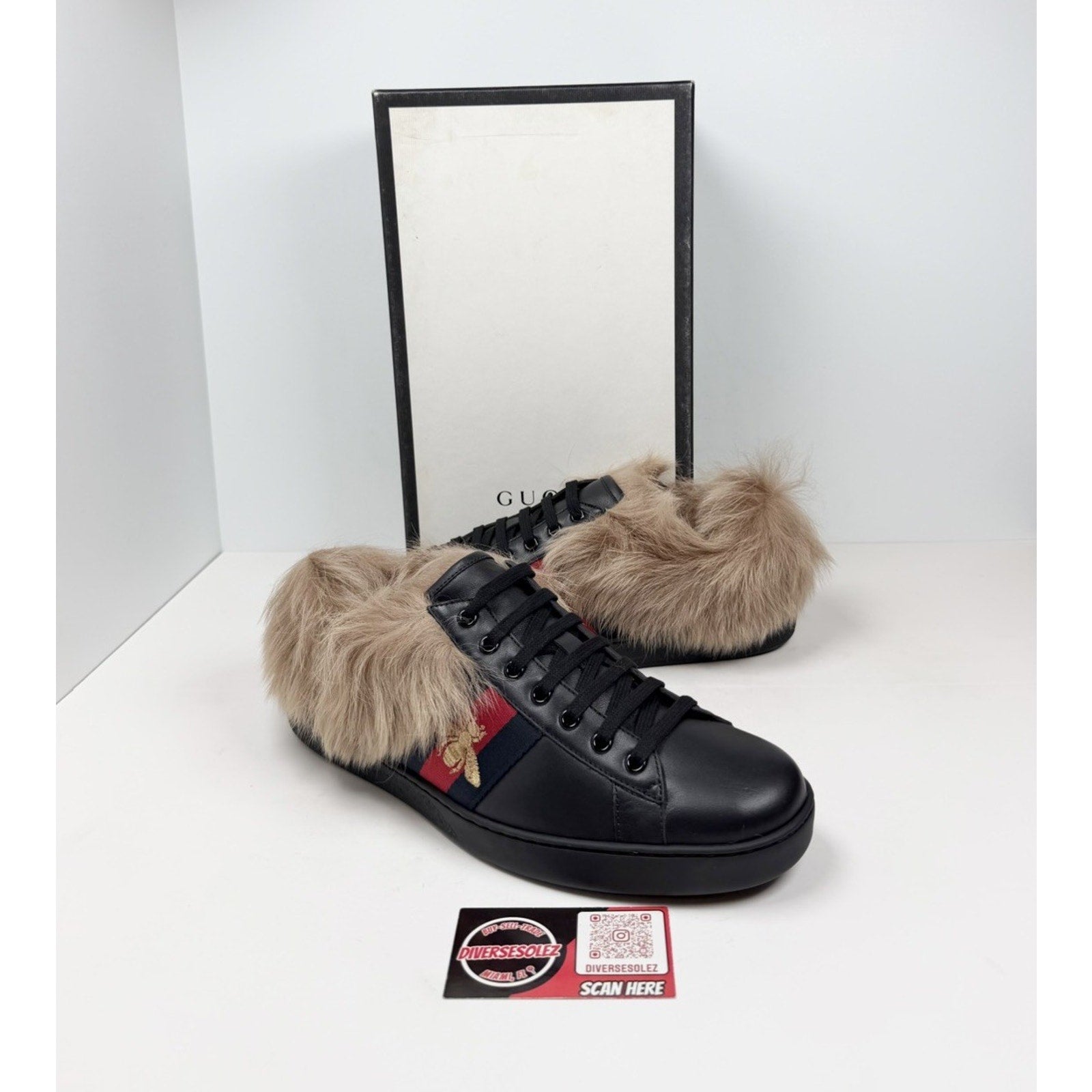 Size 11US - Gucci Ace Web Embroidered Fur/Leather NEW