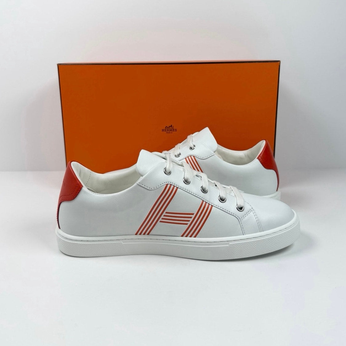 Size 8.5 - Hermes Advantage White Orange Sneakers NEW
