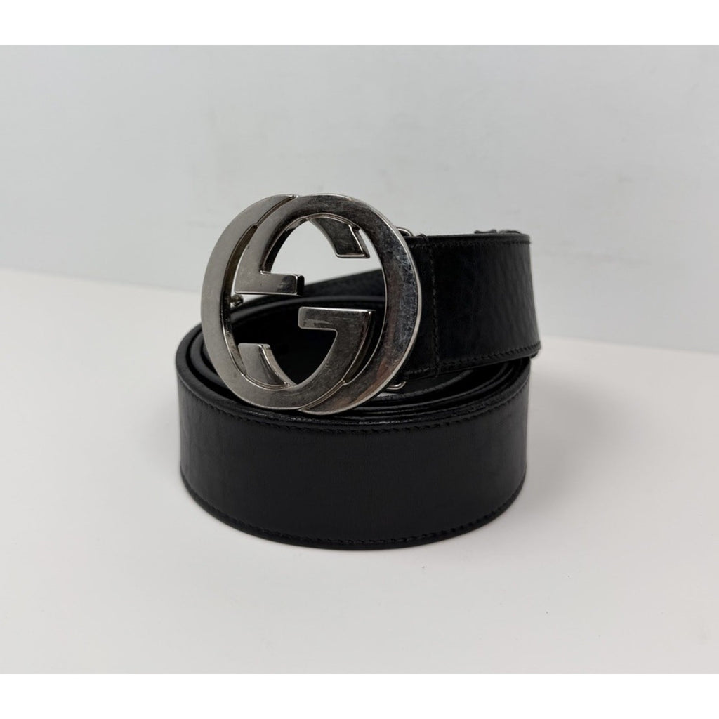 Size 100/40 - Gucci Black Silver Leather Interlocking G Buckle