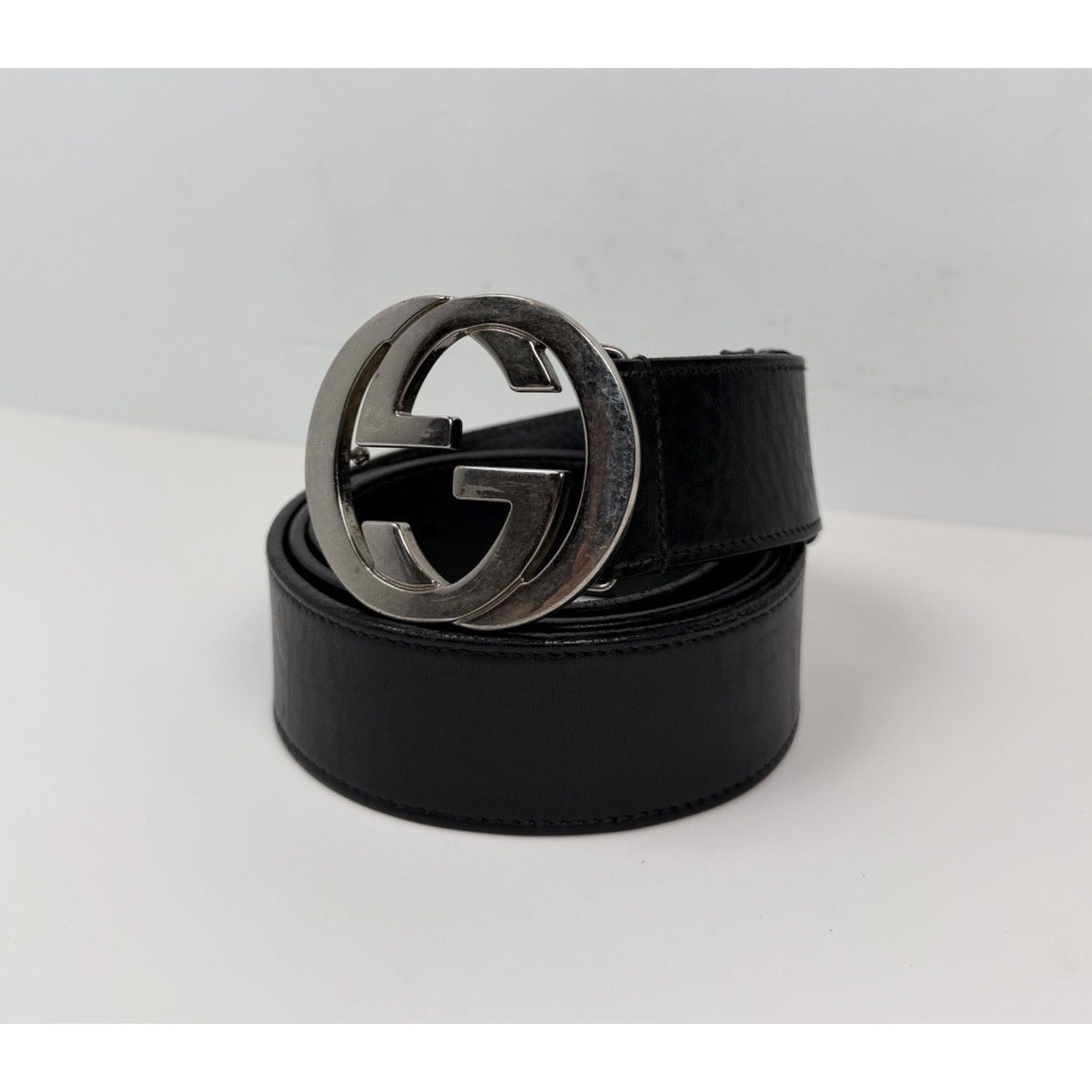 Size 100/40 - Gucci Black Silver Leather Interlocking G Buckle