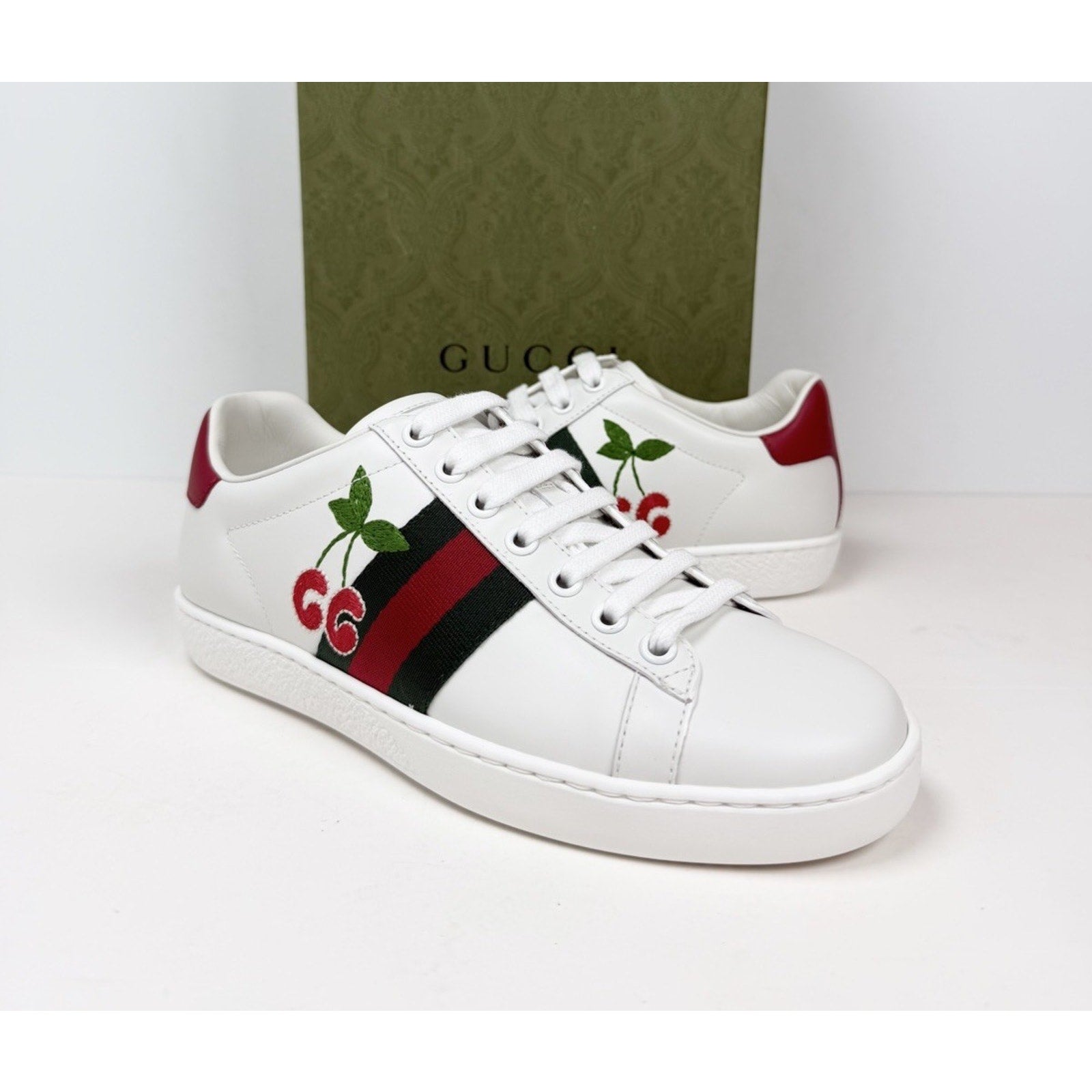 Size 4.5W - Gucci Ace Embroidered Cherry Leather NEW