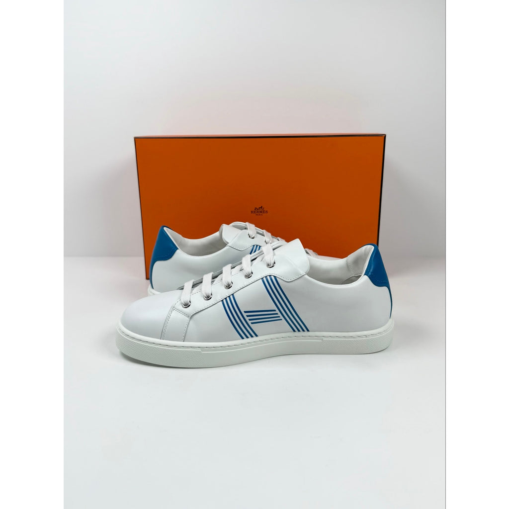 Size 8.5 - Hermes Advantage White Blue Leather Sneakers NEW
