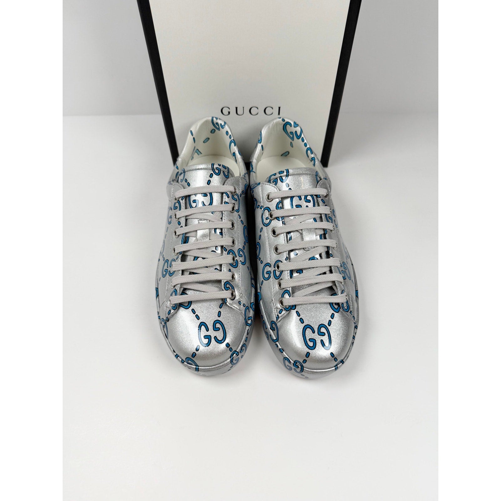 Size 8US - Gucci Ace GG Metallic Silver NEW