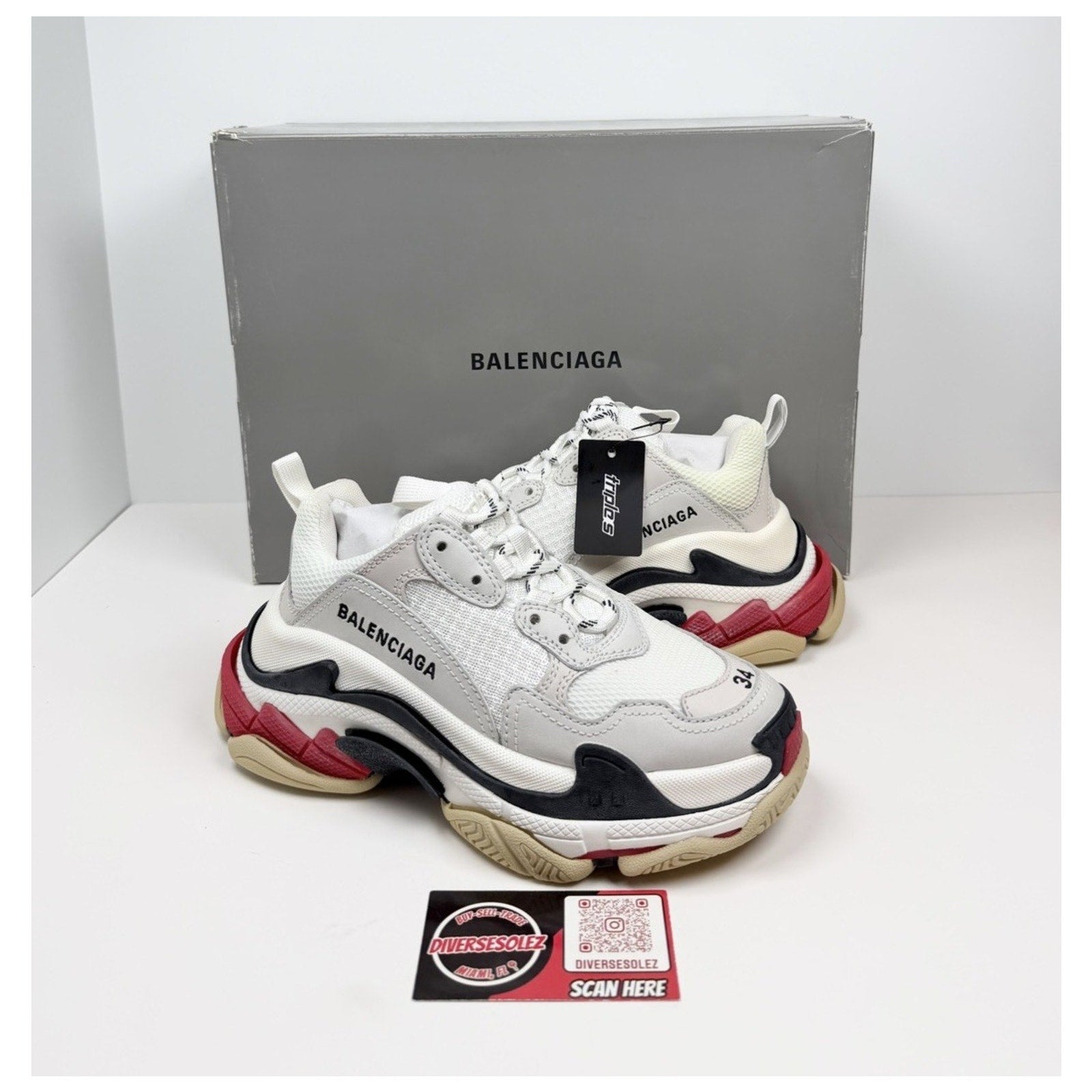 Size 34EU/4W - Balenciaga Triple S Distressed White NEW