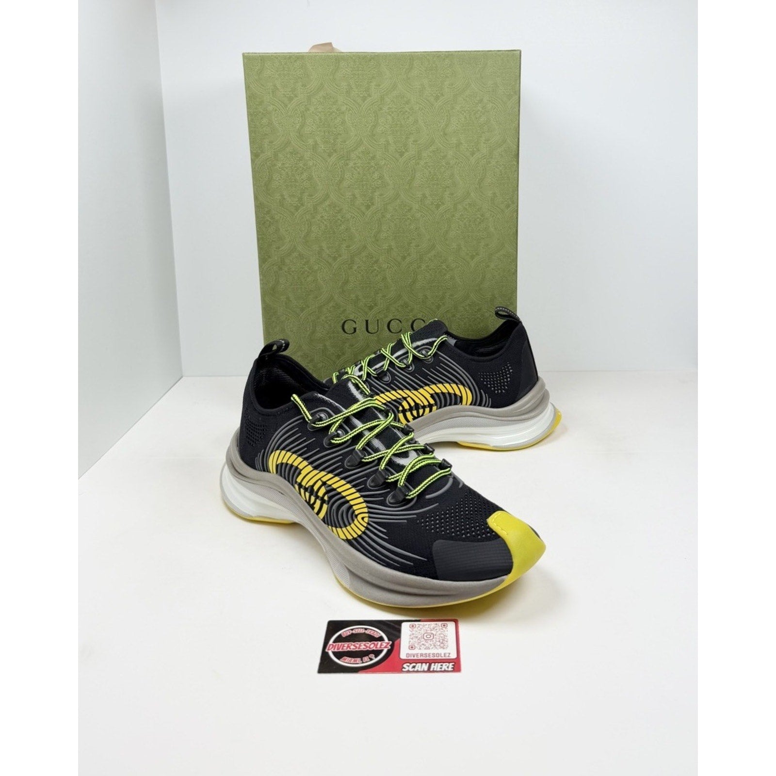 Size 11.5US - Gucci Run GG Black Yellow Knit NEW