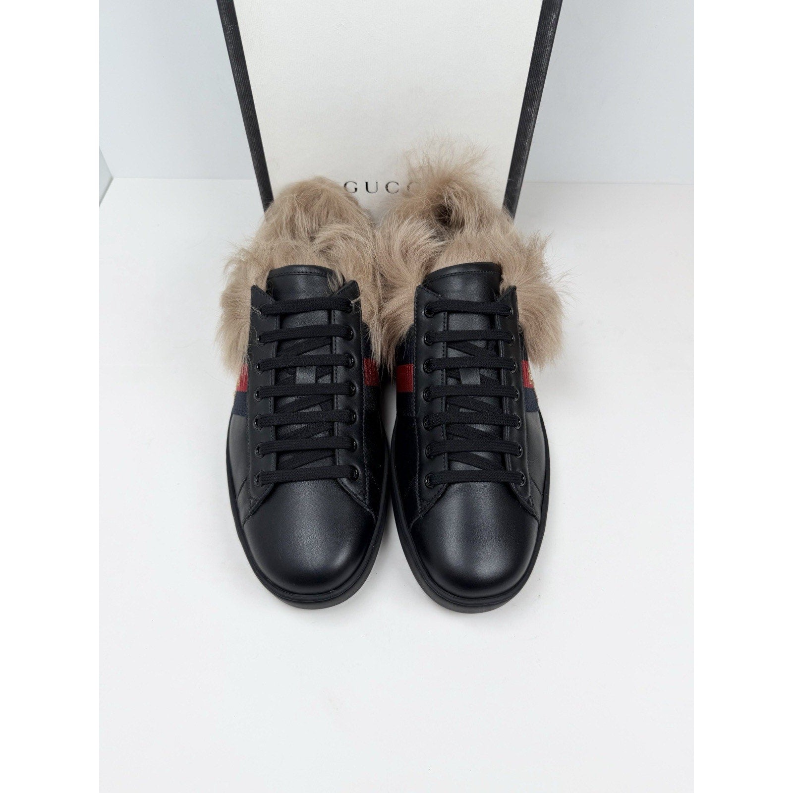 Size 11US - Gucci Ace Web Embroidered Fur/Leather NEW