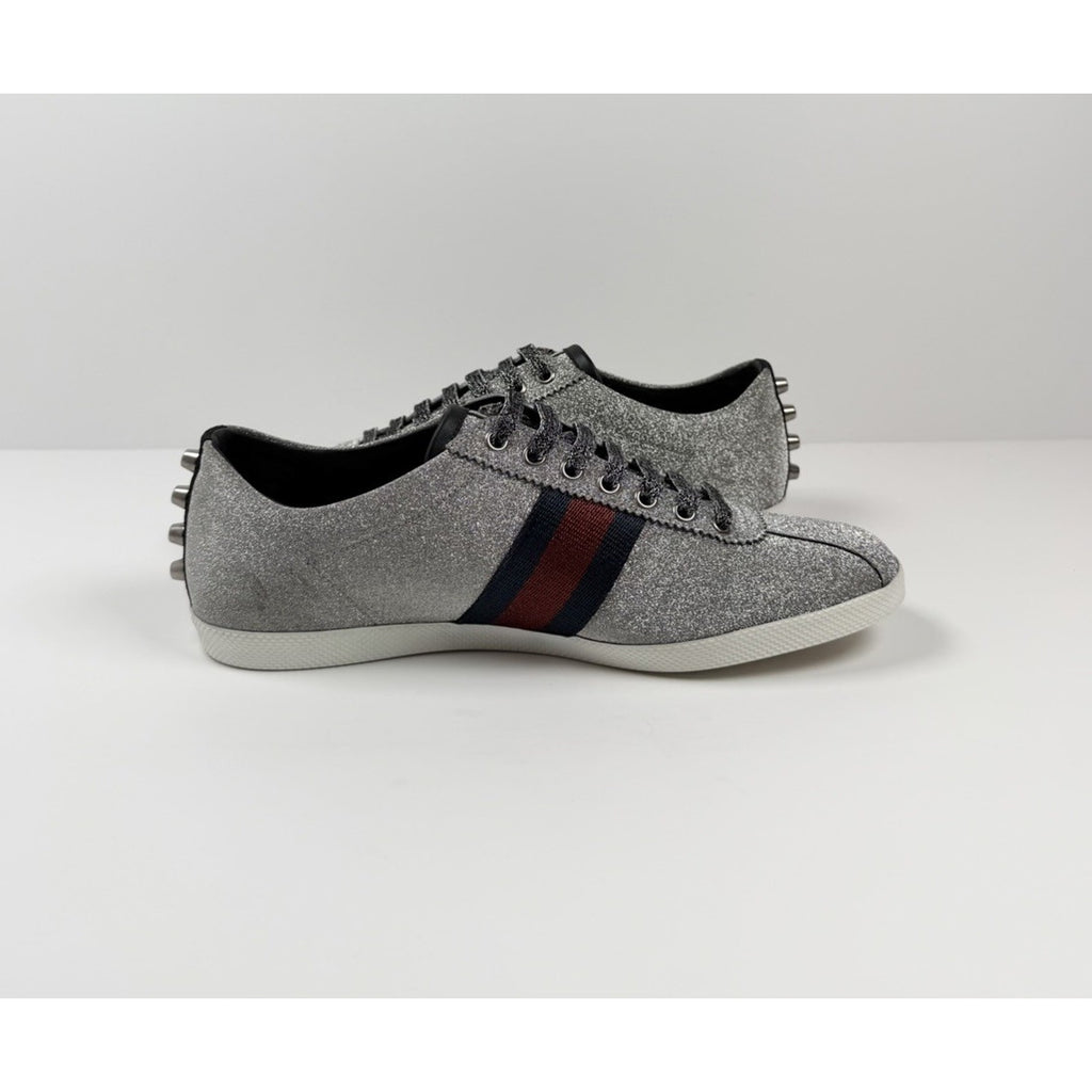 Size 8.5US - Gucci Bambi Web Silver Glitter Stud Sneakers