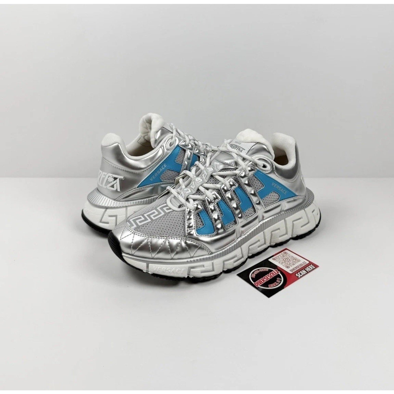 Size 40EU/7US - Versace Trigreca Silver Blue Sneakers NEW