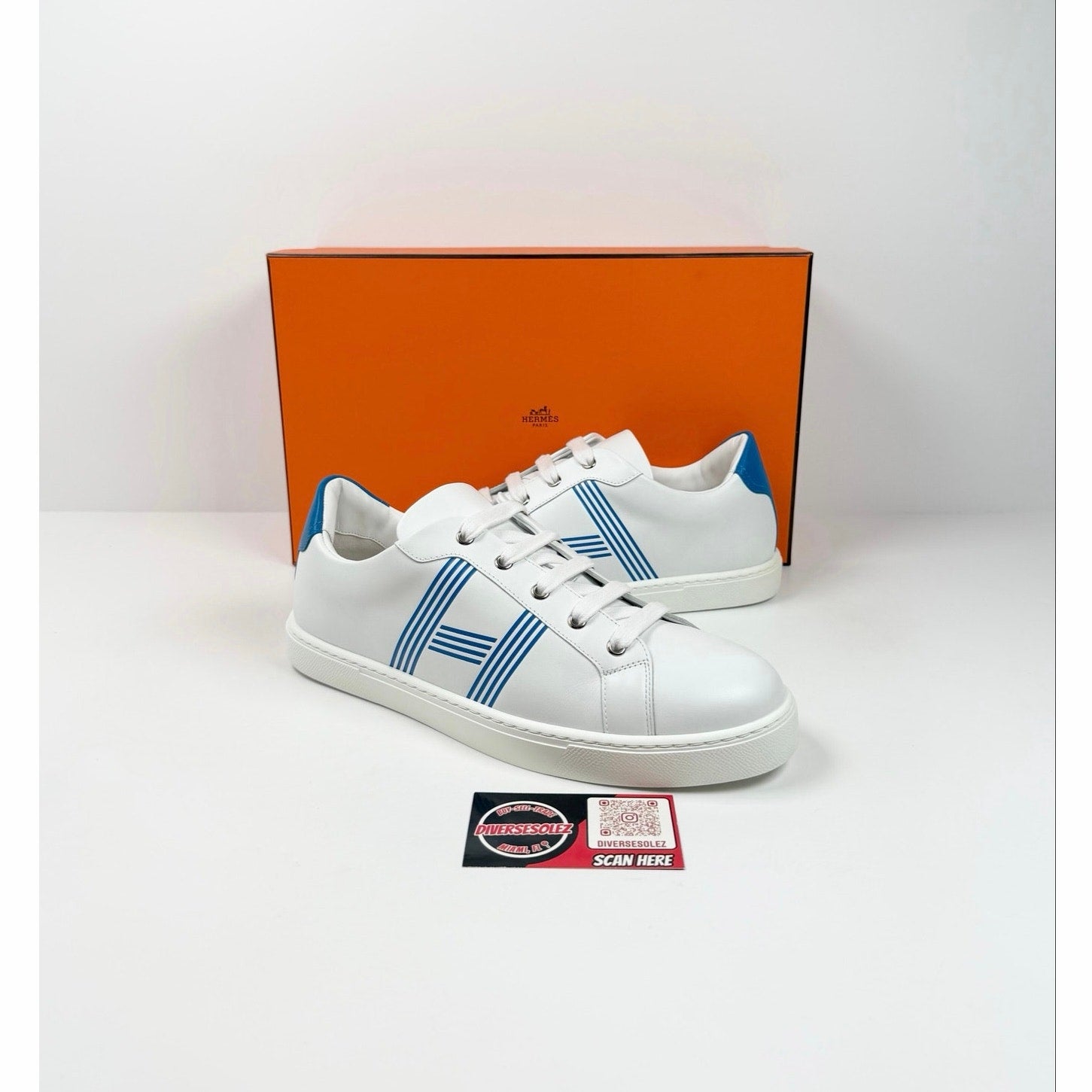 Size 8.5 - Hermes Advantage White Blue Leather Sneakers NEW