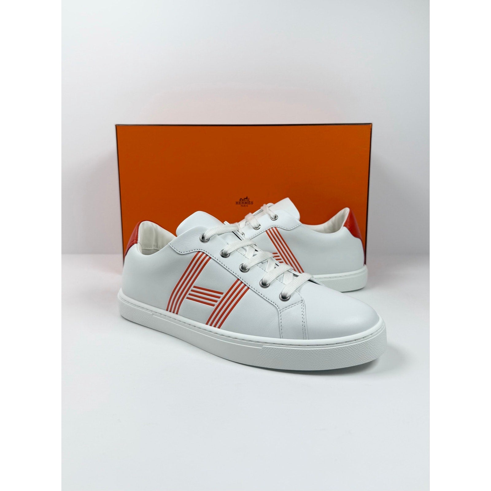 Size 8.5 - Hermes Advantage White Orange Sneakers NEW
