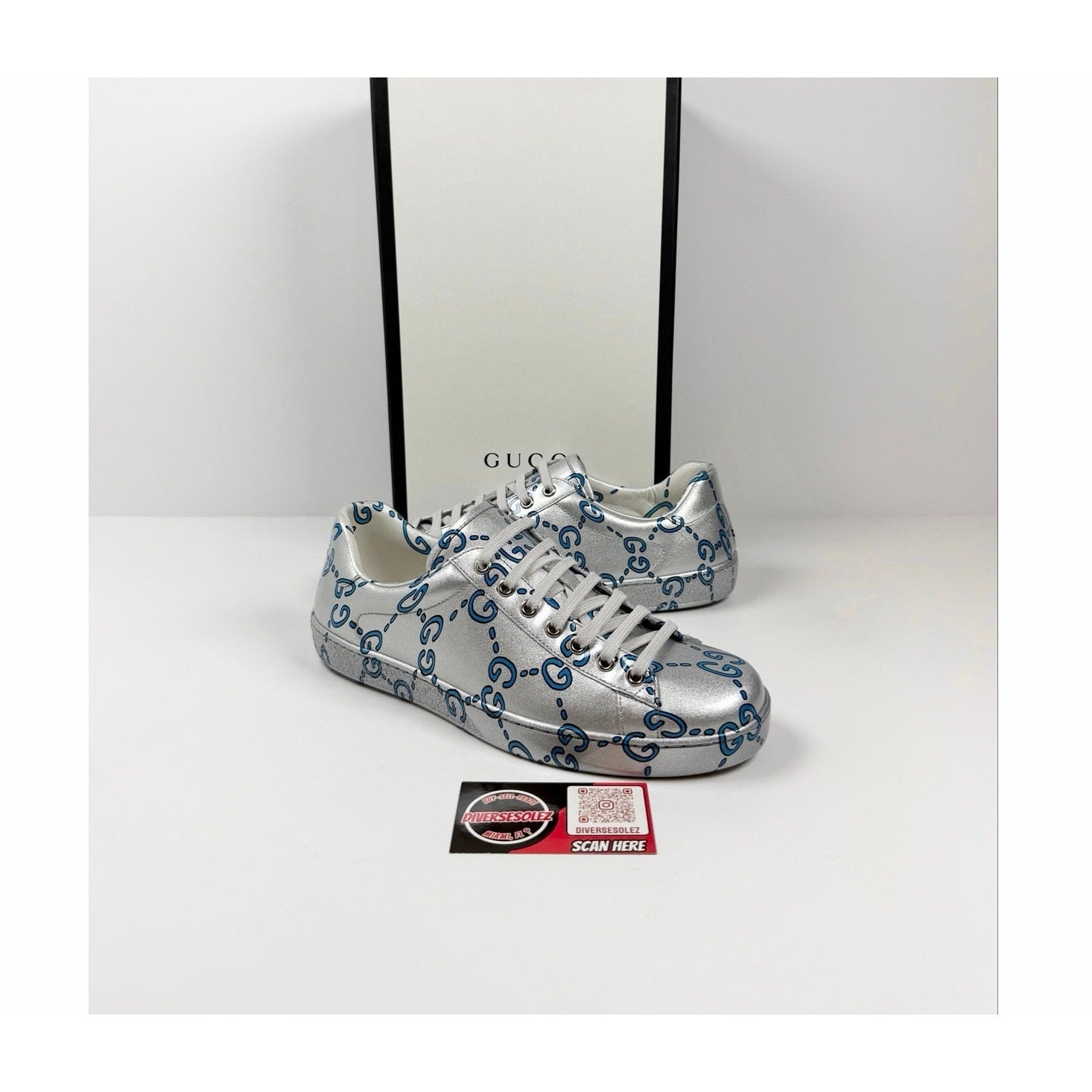 Size 8US - Gucci Ace GG Metallic Silver NEW