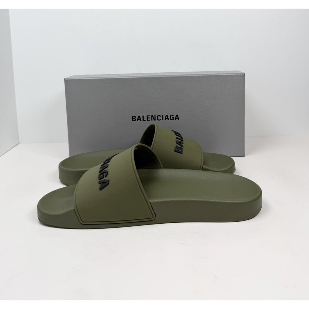 Size 41EU/8US - Balenciaga Olive Green Pool Slides NEW