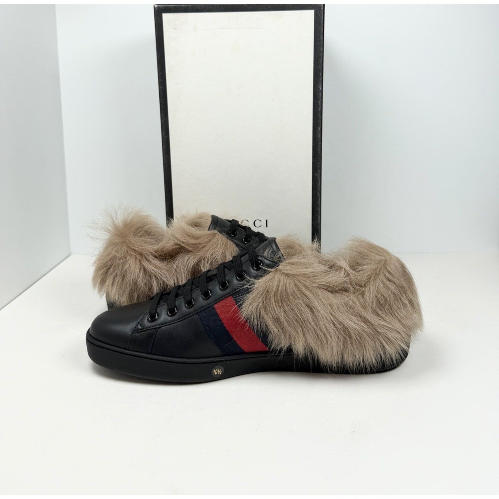 Size 11US - Gucci Ace Web Embroidered Fur/Leather NEW