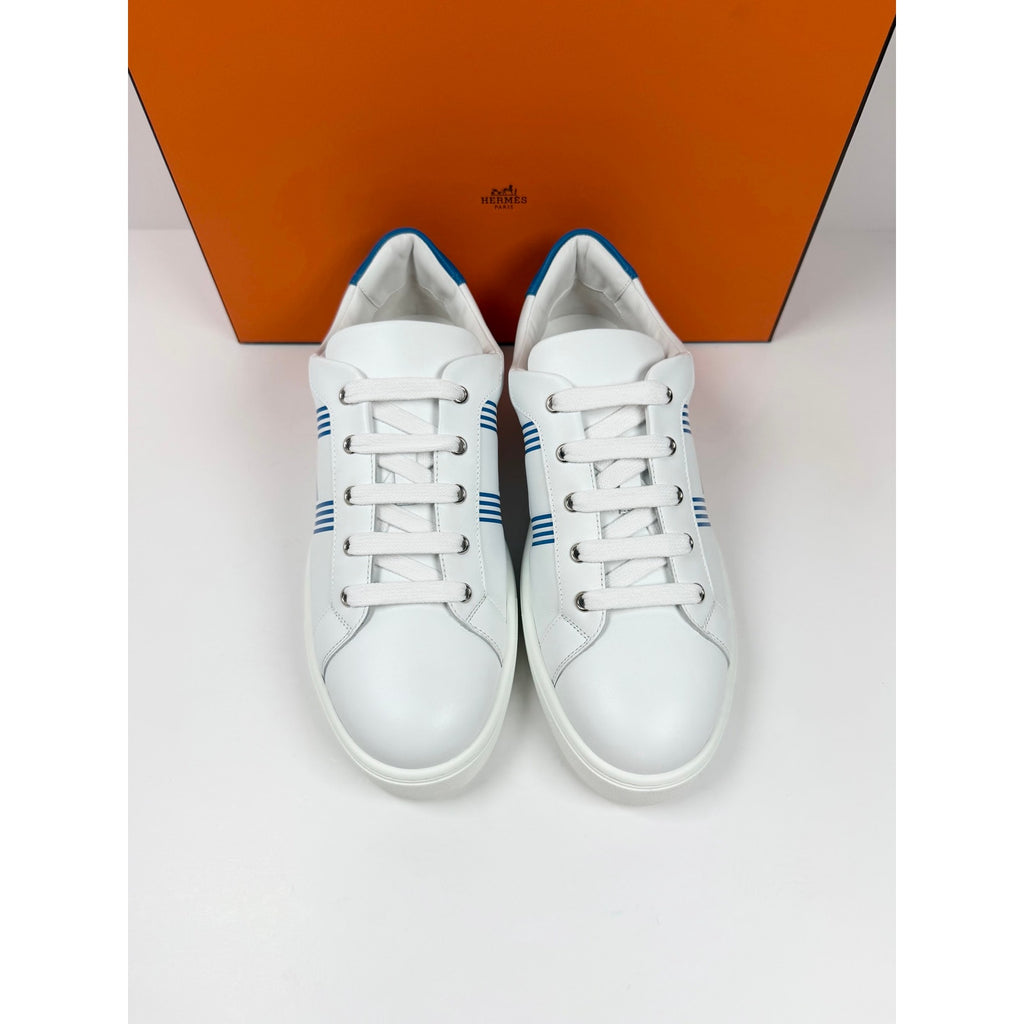 Size 8.5 - Hermes Advantage White Blue Leather Sneakers NEW
