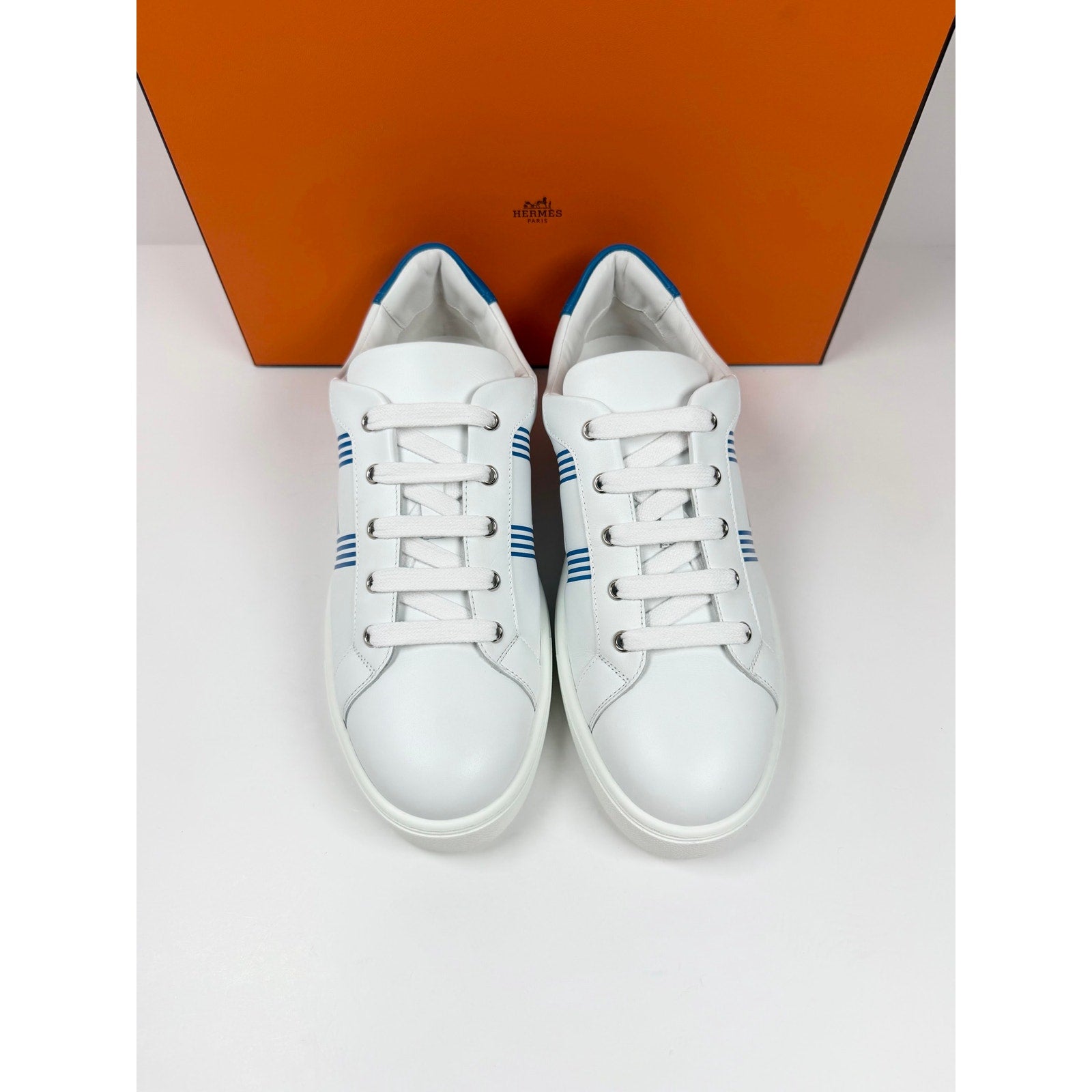 Size 8.5 - Hermes Advantage White Blue Leather Sneakers NEW