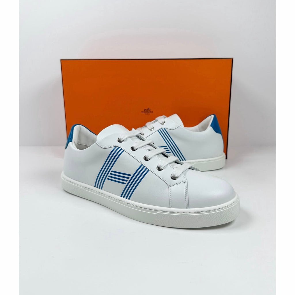 Size 8.5 - Hermes Advantage White Blue Leather Sneakers NEW