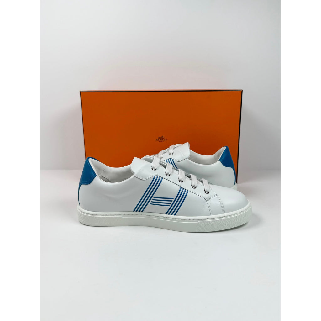 Size 8.5 - Hermes Advantage White Blue Leather Sneakers NEW