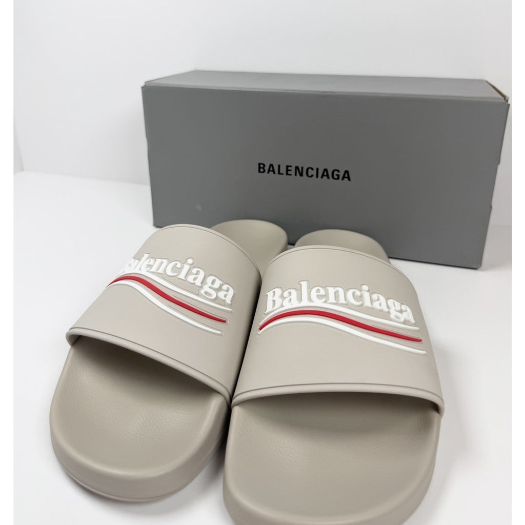 Size 10 - Balenciaga Beige Pool Campaign Logo Sandals NEW!