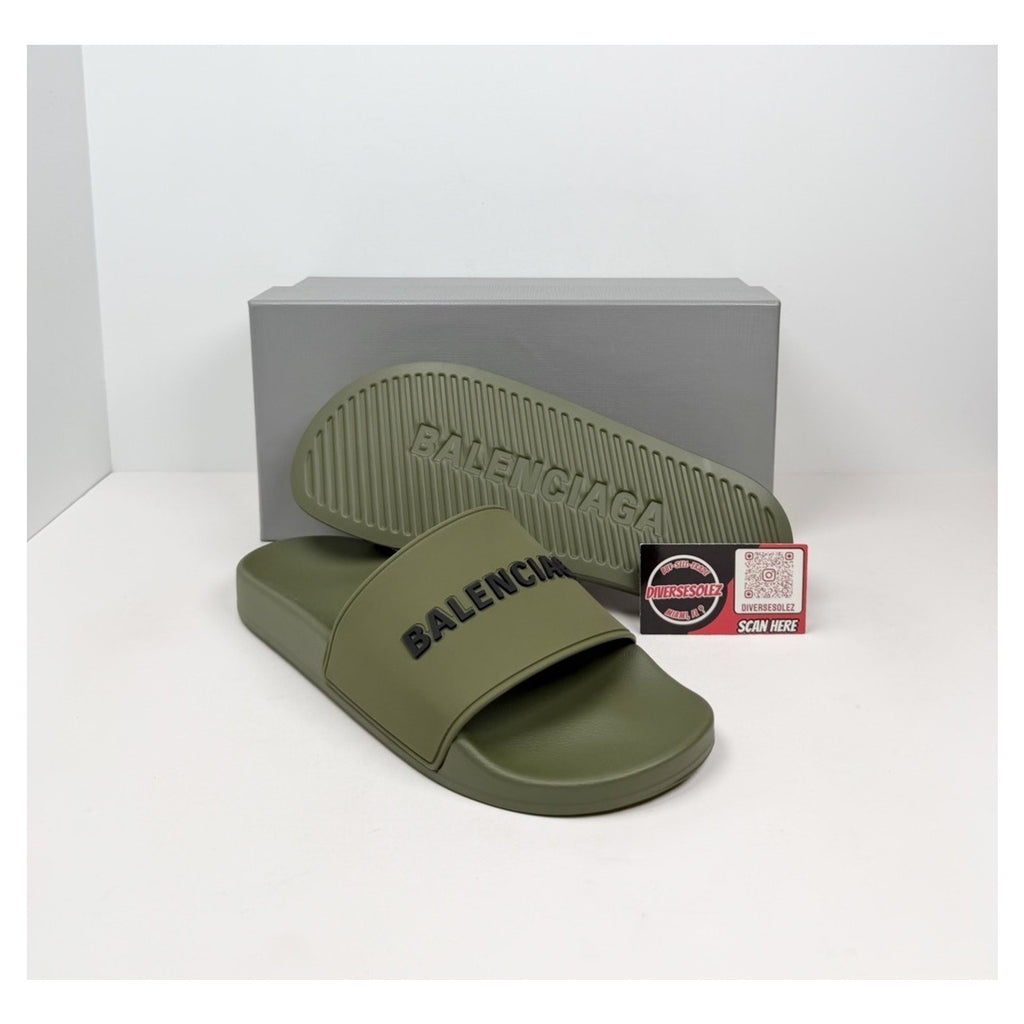 Size 41EU/8US - Balenciaga Olive Green Pool Slides NEW