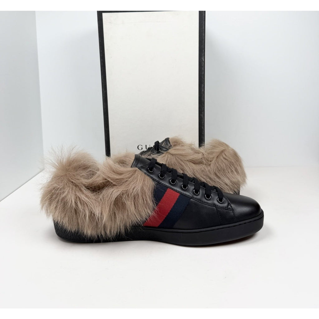 Size 11US - Gucci Ace Web Embroidered Fur/Leather NEW
