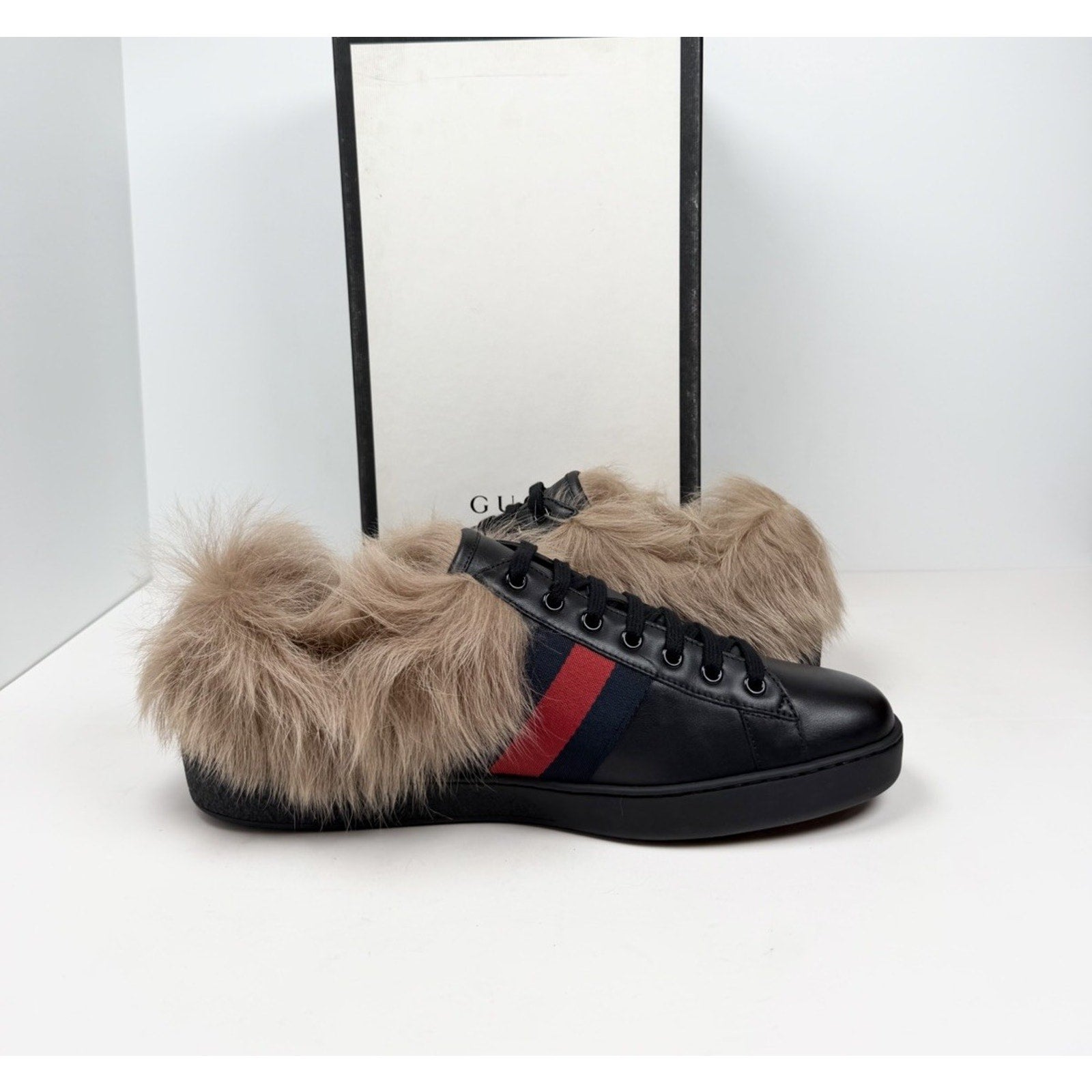 Size 11US - Gucci Ace Web Embroidered Fur/Leather NEW