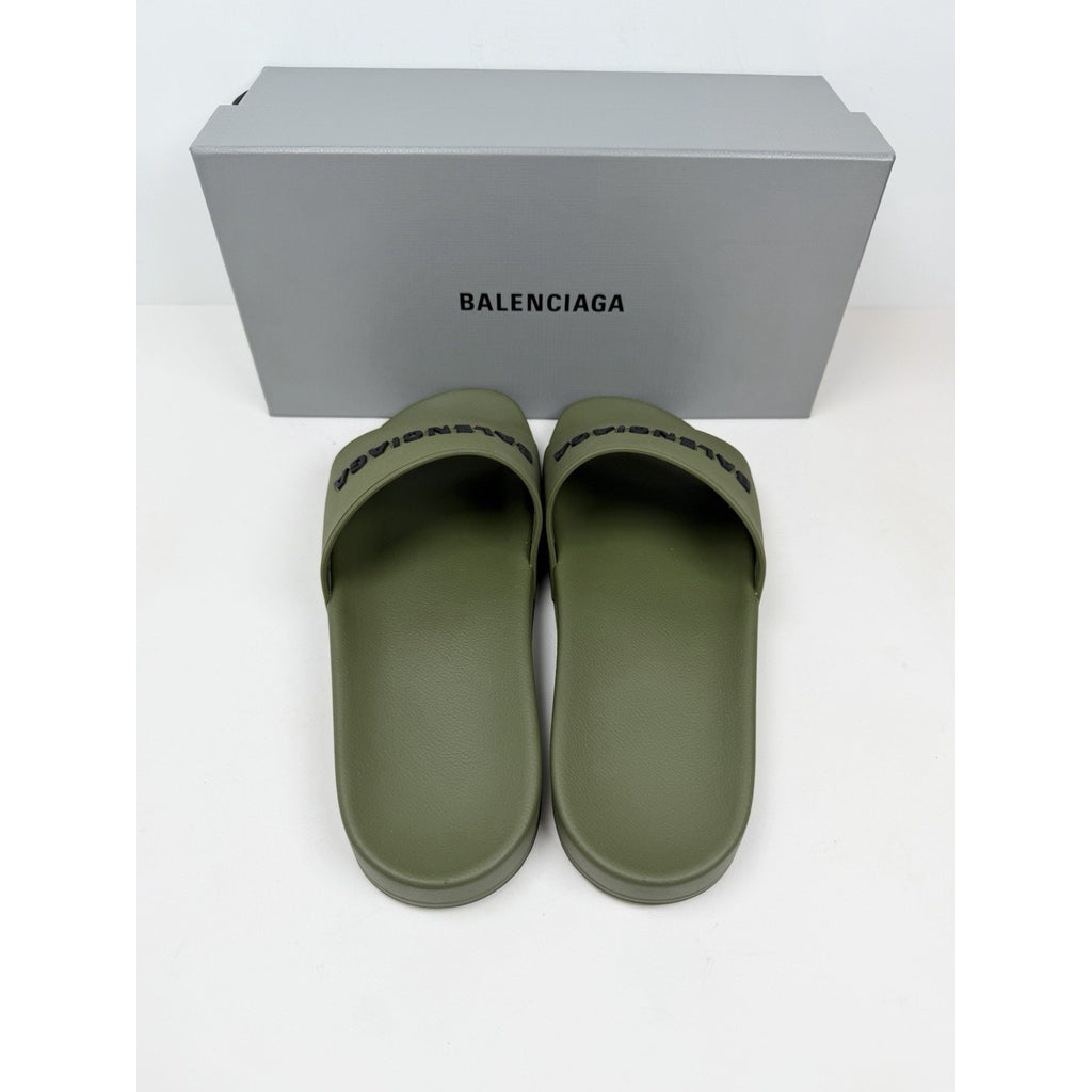 Size 41EU/8US - Balenciaga Olive Green Pool Slides NEW