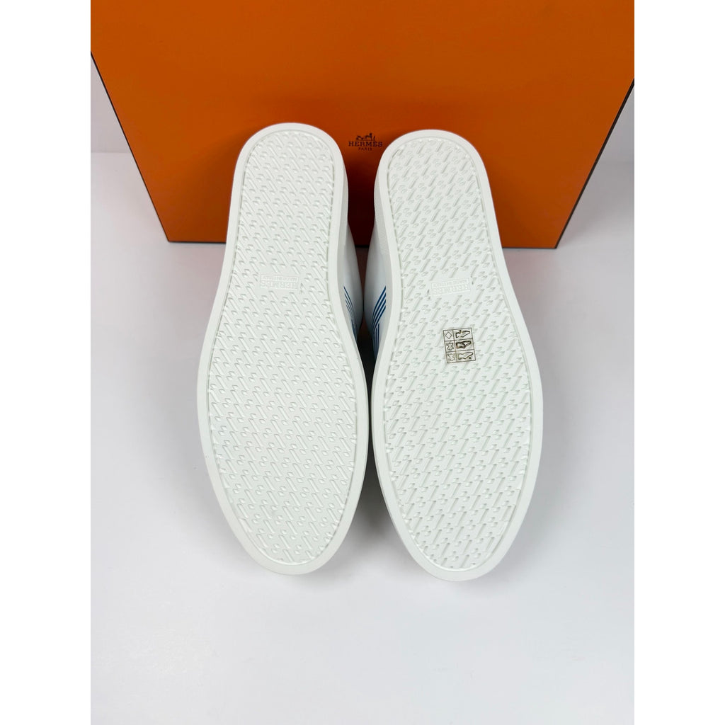 Size 8.5 - Hermes Advantage White Blue Leather Sneakers NEW