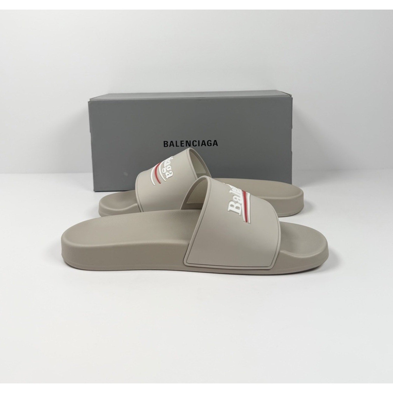 Size 9 - Balenciaga Beige Pool Campaign Logo Sandals NEW!